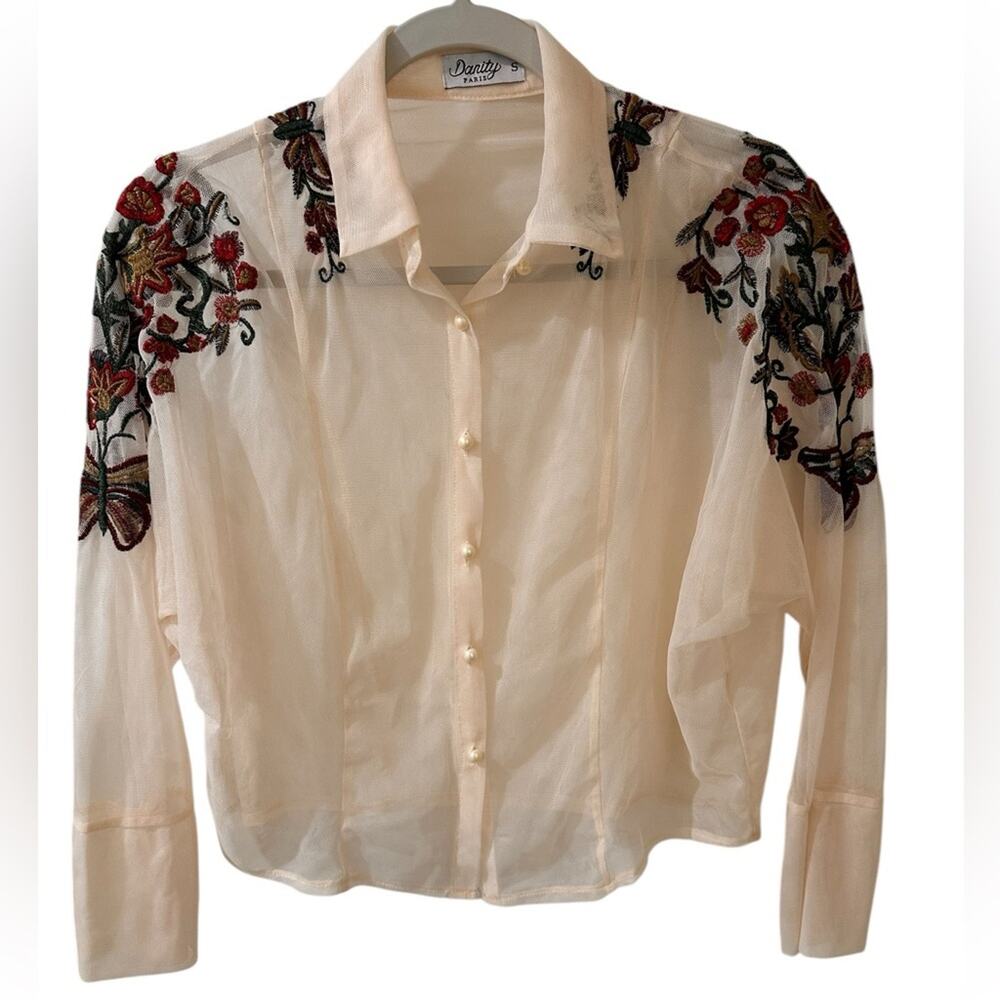 Danity Paris Sheer Mesh Floral Embroidered Crop Top, Cream, size S